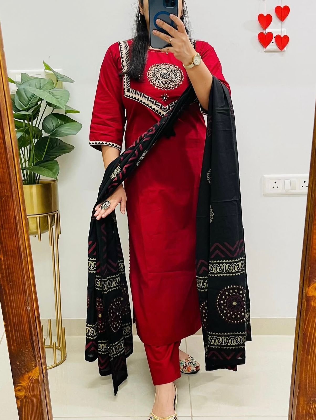 Red Handwork Cotton Suit Set